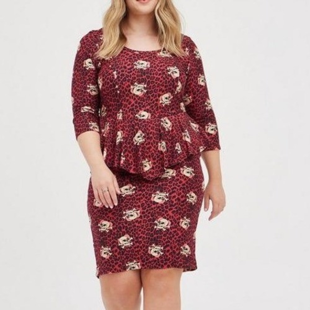 NWT Torrid Red Leopard Skull Print Peplum Grunge Goth Punk Dress Womens 1X 14-16
